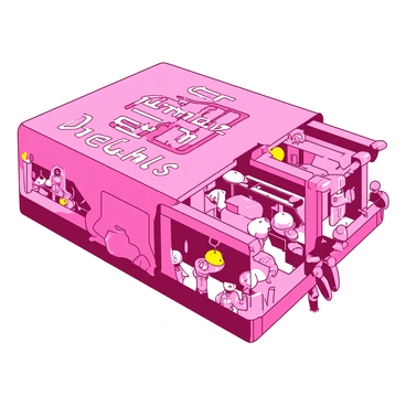 A pink matchbook is designed with a glossy chrome finish, featuring intricate illustrations of robots in various poses. The robots have bright yellow accents, showcasing their retro-futuristic style. On the cover, there are stylized neon lights spelling out "Diner Delights" in a playful font. The matchbook's spine has small, detailed images of vintage diners, complete with shiny chrome details and rounded edges, reflecting an era of classic Americana. Each side of the matchbook displays robots serving food and drinks in a lively diner setting.