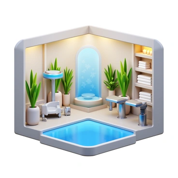 A luxurious spa with elegant design elements. The spa features a modern treatment room with soft lighting and plush furnishings. There are oxygen-infused treatment stations with sleek equipment in chrome and glass. The walls are adorned with calming botanical motifs. A tranquil water feature flows gently in the background, surrounded by lush indoor plants. The atmosphere is enhanced by the presence of aromatic candles and soft towels neatly arranged on a shelf.