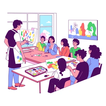 An indoor workshop setting features an artist standing at the front, demonstrating painting techniques to a group of attentive participants. The artist is wearing a white apron splattered with various colors of paint. Various painting supplies, including brushes and palettes, are spread out on a long wooden table in front of the participants. The participants, of diverse ages and backgrounds, are seated with their own canvases on easels, eagerly watching the artist. Some participants have their own paint palettes ready, while others take notes. The walls of the room are adorned with colorful artwork, creating an inspiring atmosphere for creativity.