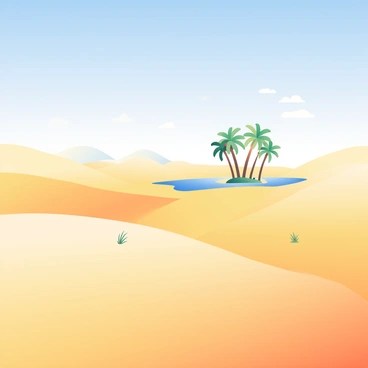 A vast expanse of golden sand dunes stretches across the foreground, their gentle curves creating soft shadows under the bright sun. In the distance, a small, isolated oasis emerges, featuring a cluster of tall, green palm trees that sway slightly in the warm breeze. The oasis is surrounded by a patch of vibrant blue water that reflects the sunlight, contrasting beautifully with the sandy landscape. Scattered across the dunes are tufts of sparse, dry grass, providing a hint of life in the arid environment. The sky above is a clear blue, with a few wispy clouds drifting lazily.