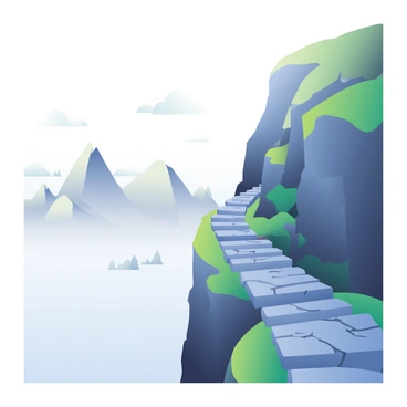 A winding stone path is visible along a steep cliff edge. The path is surrounded by dense, swirling mist that obscures the view of the ground below. In the distance, dark and shadowy silhouettes of trees and rocky outcrops can be seen, partially hidden by the fog. The cliffside features rugged textures, with patches of green vegetation peeking through the mist, creating an atmosphere of mystery and intrigue.