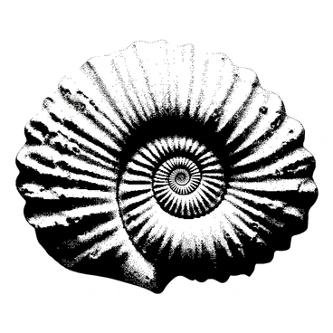 A large seashell lies prominently at the center of the composition. The seashell's surface is adorned with intricate details, showcasing a multitude of swirling patterns that elegantly flow around its curves. The shell has a defined spiral shape, with each twist revealing more complex designs. The texture of the shell is pronounced, giving it a natural and organic appearance, while the patterns inside harmoniously complement the shell's outer form. The entire illustration captures the essence of craftsmanship, inviting viewers to explore every nuance of the engravings.