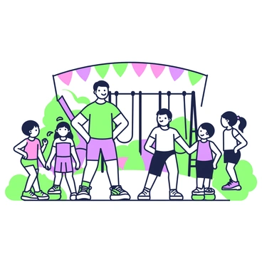 A trainer is standing in a colorful playground, leading a fun exercise session for a group of children. The trainer has a cheerful expression and is wearing a bright athletic outfit, including a t-shirt and shorts. The children, a mix of boys and girls, are actively participating, smiling and following along as they engage in various exercises. There are playground structures in the background, such as swings and slides, surrounded by vibrant landscaping. A colorful banner arches above the scene, adding to the lively atmosphere.