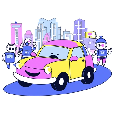 A cartoon car with a sleek design and vibrant colors drives through a futuristic city. The car has oversized wheels and a smiling front grille. Surrounding the car are friendly robots of various shapes and sizes, each with cheerful expressions. The city features tall, shiny buildings with unique geometric shapes and bright neon lights. The road is curved with smooth surfaces, and some robots are waving at the car as it passes by. The sky is a gradient of colors, suggesting a bright day.
