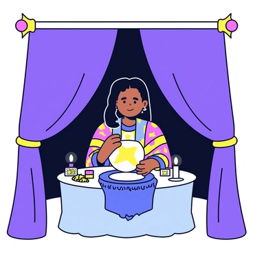 A fortune teller sitting at a small table inside a dimly lit tent. The tent has draped fabric in deep purple and gold tones. The fortune teller has long, flowing dark hair and wears a colorful shawl adorned with intricate patterns. In front of her, a crystal ball rests atop a decorative silk cloth. Soft light glimmers off the surface of the crystal ball. Surrounding the table are various mystical objects, including tarot cards, candles, and dried herbs. The atmosphere is filled with a sense of intrigue and anticipation.