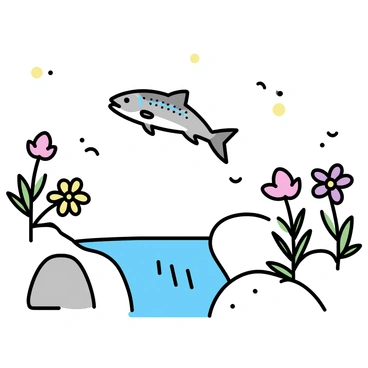 A brook trout, with iridescent scales shimmering in the light, is leaping above a small waterfall. The waterfall cascades over smooth rocks, creating a gentle splash. Surrounding the scene, various spring flowers bloom in vibrant colors, including pinks, yellows, and purples. The flowers have green leaves and stand tall, framing the trout in mid-air, capturing the moment of its leap.