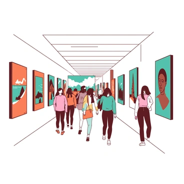 A white university corridor is lined with a series of colorful frames showcasing a collection of diverse student artworks. The artworks feature a variety of styles, including abstract pieces with bold shapes, landscapes depicting serene scenes, and vibrant portraits showcasing different cultures. Each frame is distinct, some in orange and others in teal, creating an eye-catching display along the walls. Students of various backgrounds walk through the corridor, pausing to admire the artworks, chatting quietly amongst themselves. The natural light from nearby windows illuminates the corridor, highlighting the creativity on display.