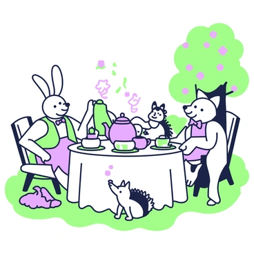 A page from a children's book depicts a whimsical tea party with several animals gathered around a round table. At the center of the table, there is a teapot shaped like a giant mushroom, with colorful cups arranged in a circle. To the left, a rabbit wearing a vest is pouring tea into a cup held by a small hedgehog sitting on a chair. A squirrel is balancing a plate of cupcakes on the table, while a fox with a bow tie is laughing at a joke being told. In the background, lush green grass and a tree with purple flowers frame the scene, creating a cheerful atmosphere.