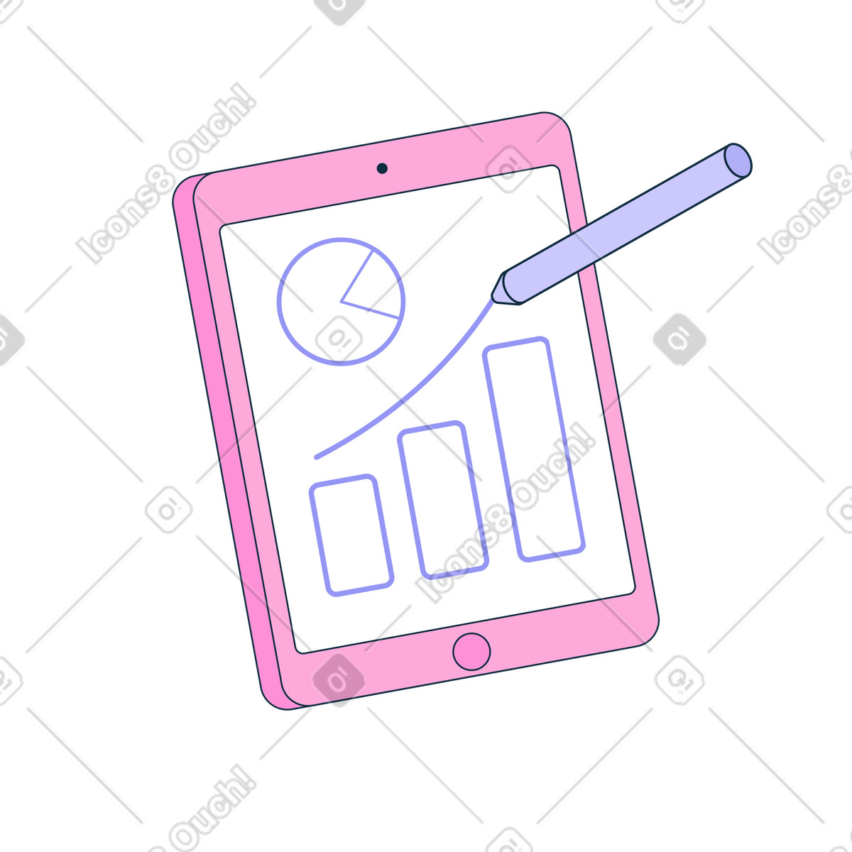 IPad with stylus, graph and chart illustration in PNG, SVG