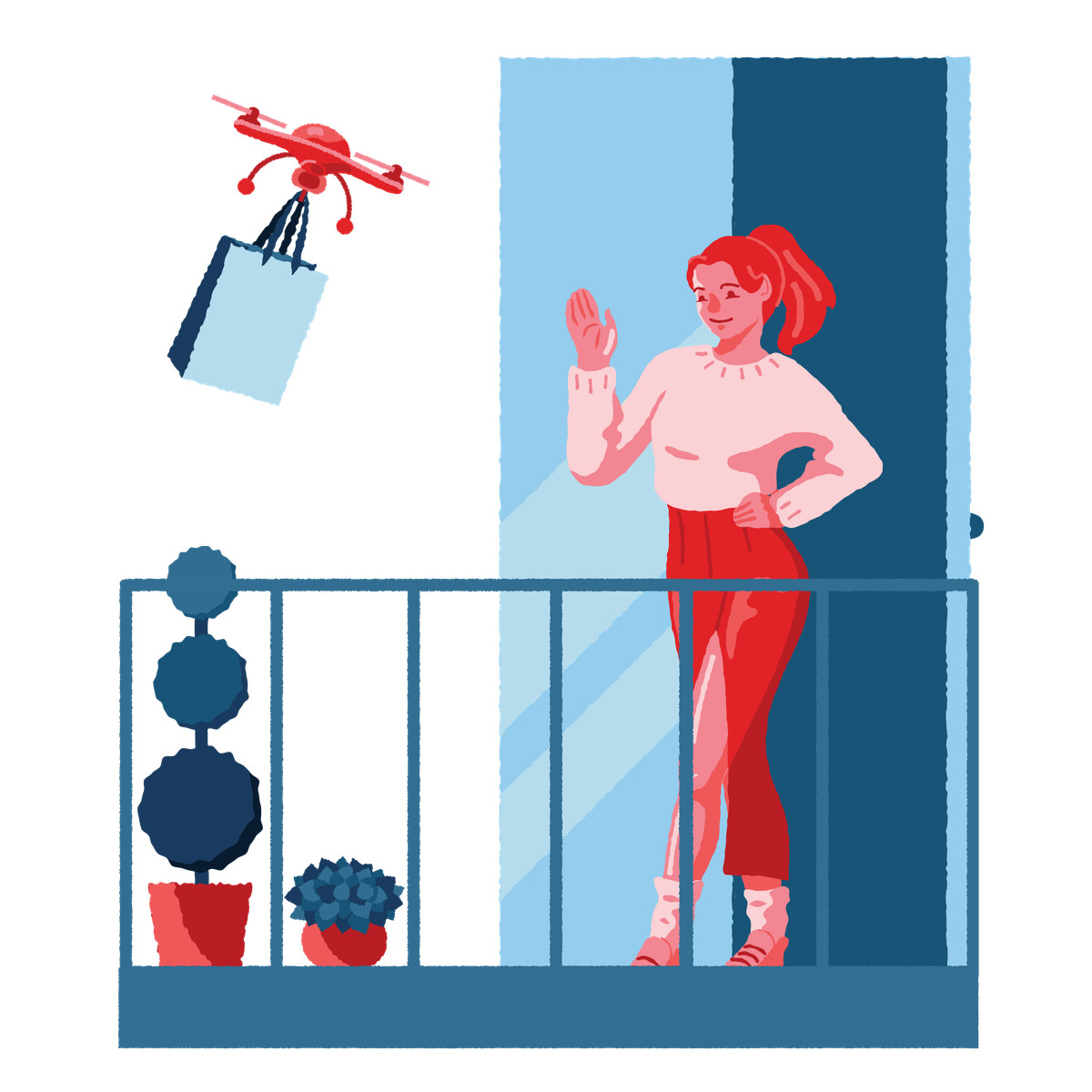 Ilustração de Girl gets goods delivered by drone em no estilo Cherry para baixar em PNG, SVG