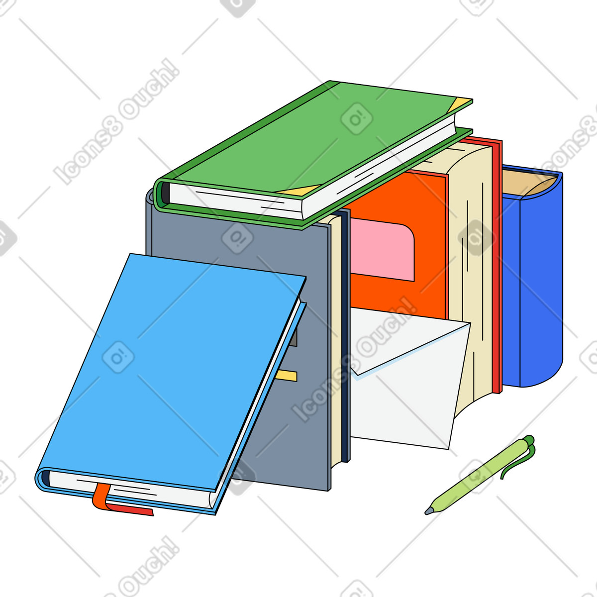 Libri impilati con copertine colorate illustrazione in stile Kindy scarica in PNG, SVG