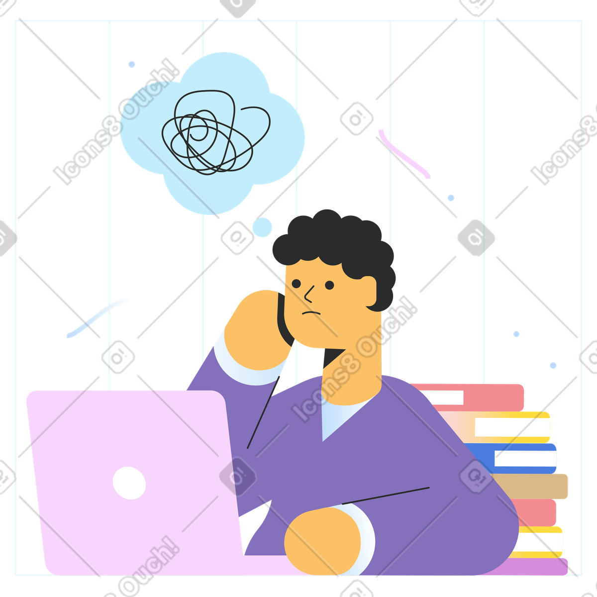 Ilustração de Homem confuso sentado no laptop em estilo Marginalia para baixar em PNG, SVG