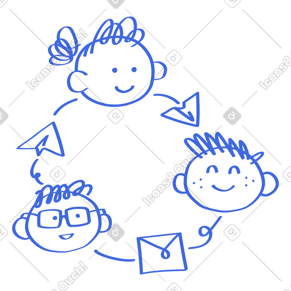 Team collaboration circle with messages and smiling coworker faces-Illustration im Ballpoint Pen-Stil als Download in PNG, SVG