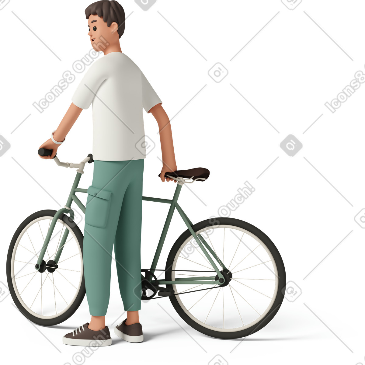 Ilustração de Three-quarter view of young man standing with bike em no estilo 3D Casual life para baixar em PNG, SVG