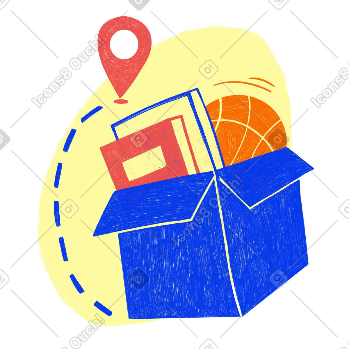 Blue cardboard box with things to move-Illustration im Biro-Stil als Download in PNG, SVG