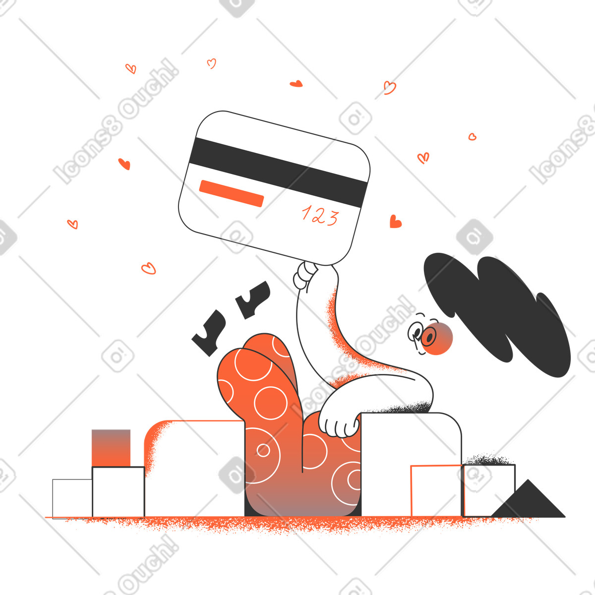 Woman lying and doing card payment illustration in Crayon style download in PNG, SVG