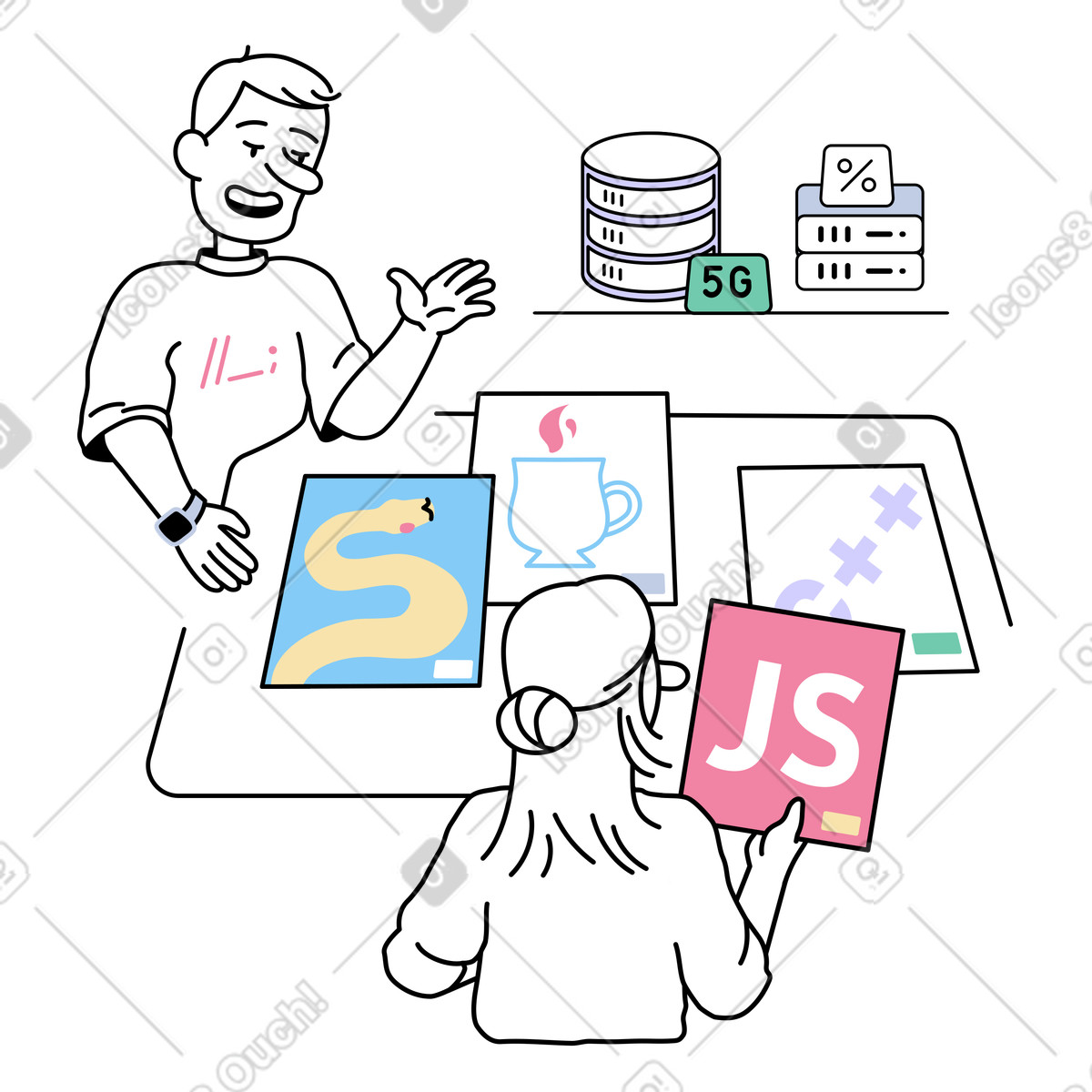 Man selecting programming language for project illustration in PNG, SVG