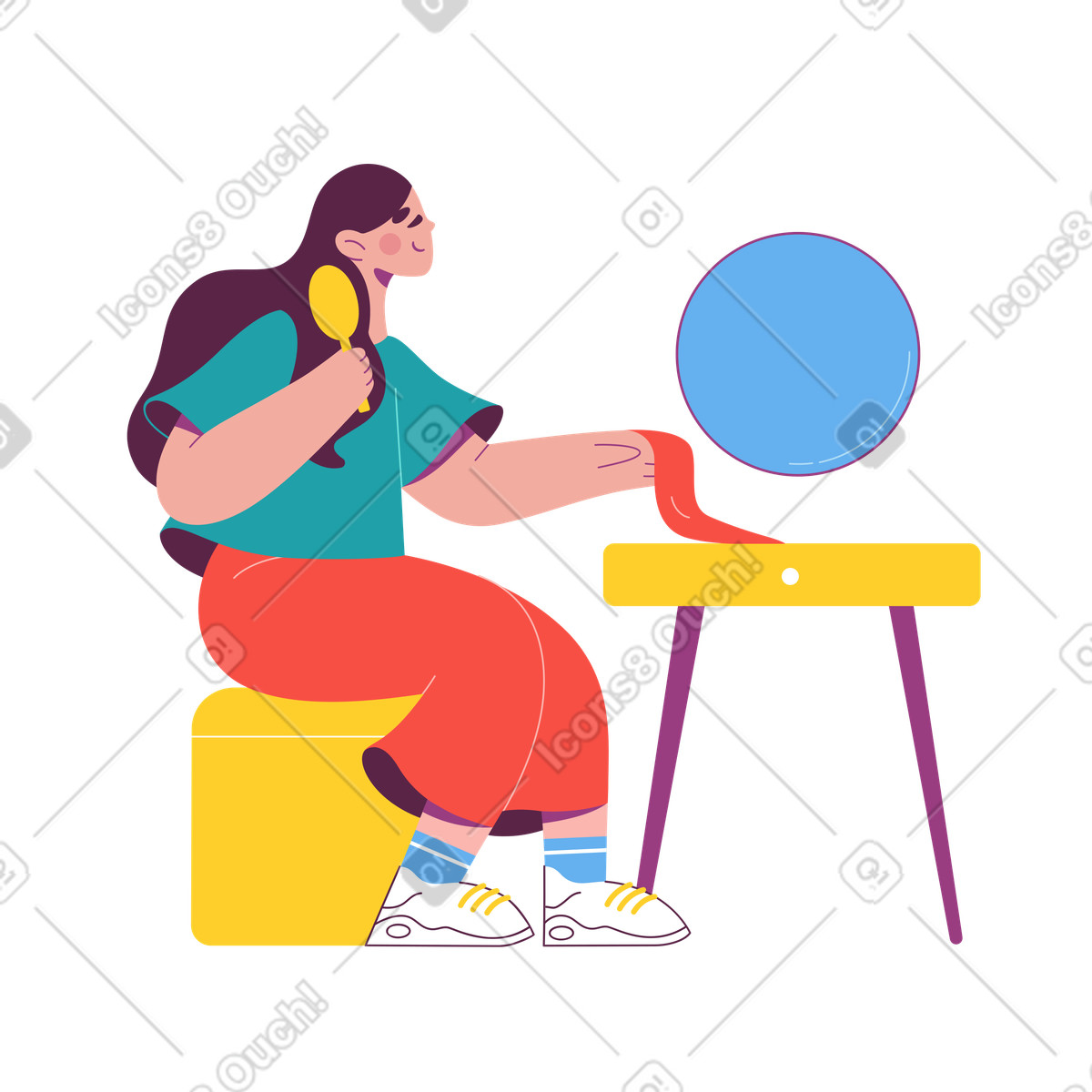 Illustration Brushing hair at vanity, morning routine or personal care dans le style Sammy à télécharger aux formats PNG, SVG