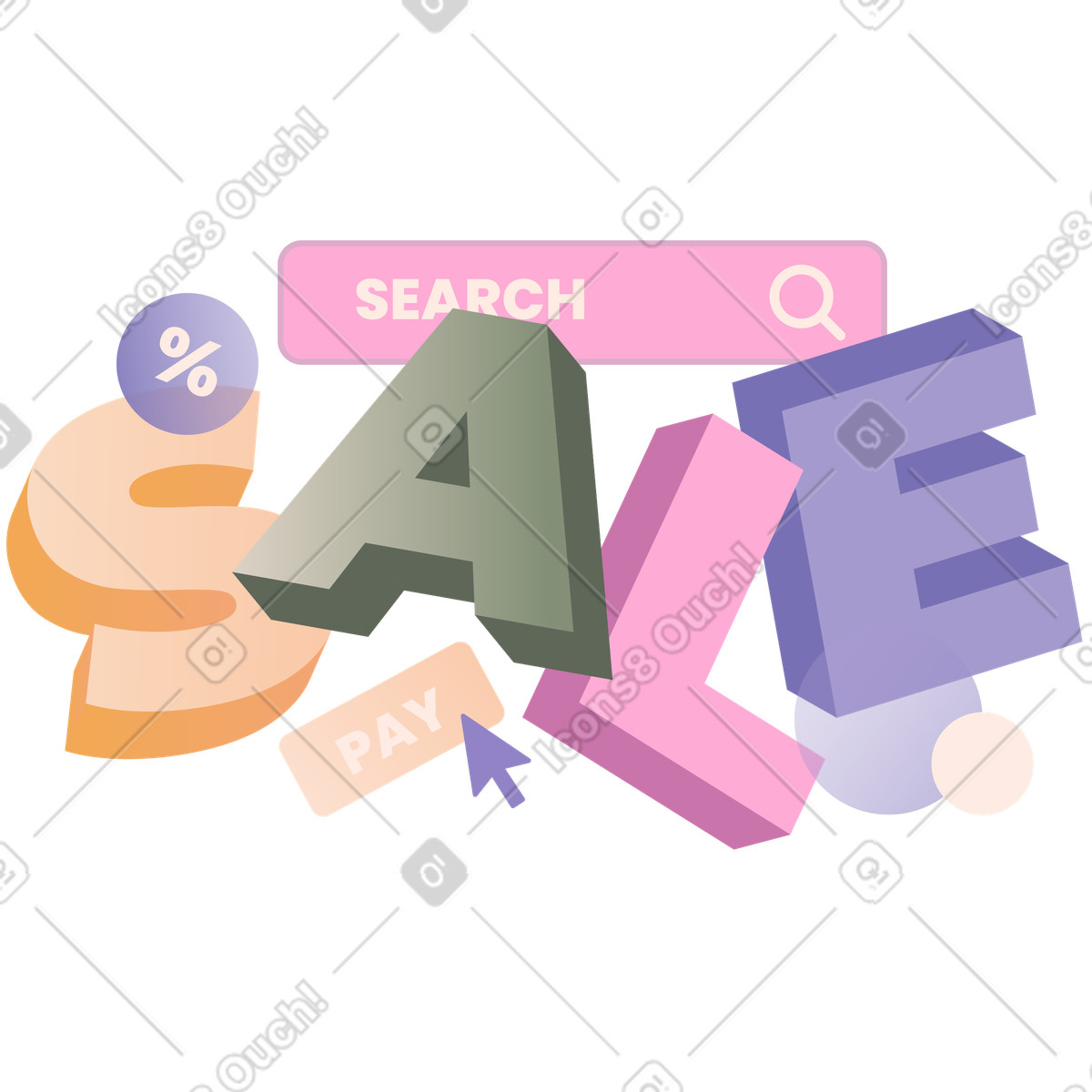 Ilustración animada Bold sale letters with search bar and pay button, Webshop seasonal offer en estilo Coworking a descargar en GIF, Lottie (JSON), AE