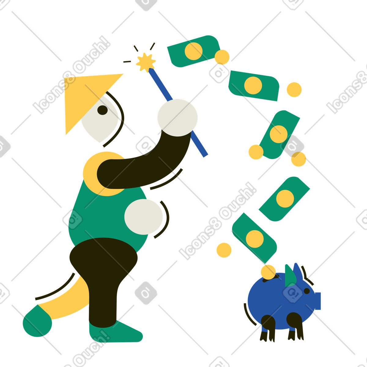 Spot スタイルの 魔法使いがお金を魔法で貯金箱に入れる のイラストをPNG、SVG形式でダウンロード