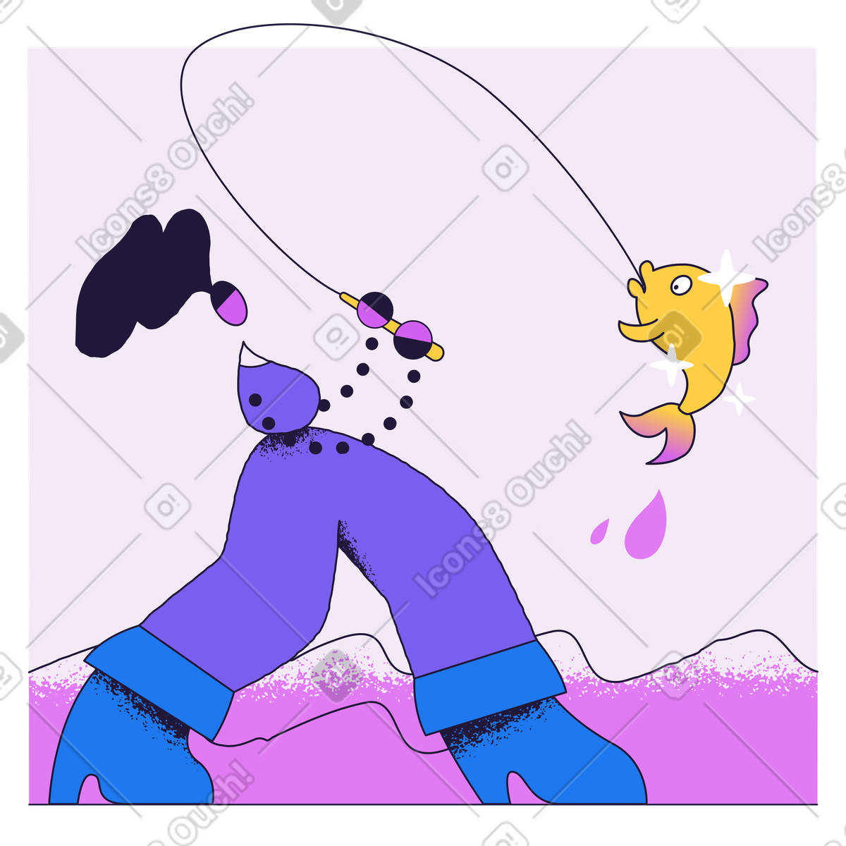Ilustración Pescadora pescando un pez dorado en estilo Conifer a descargar en PNG y SVG