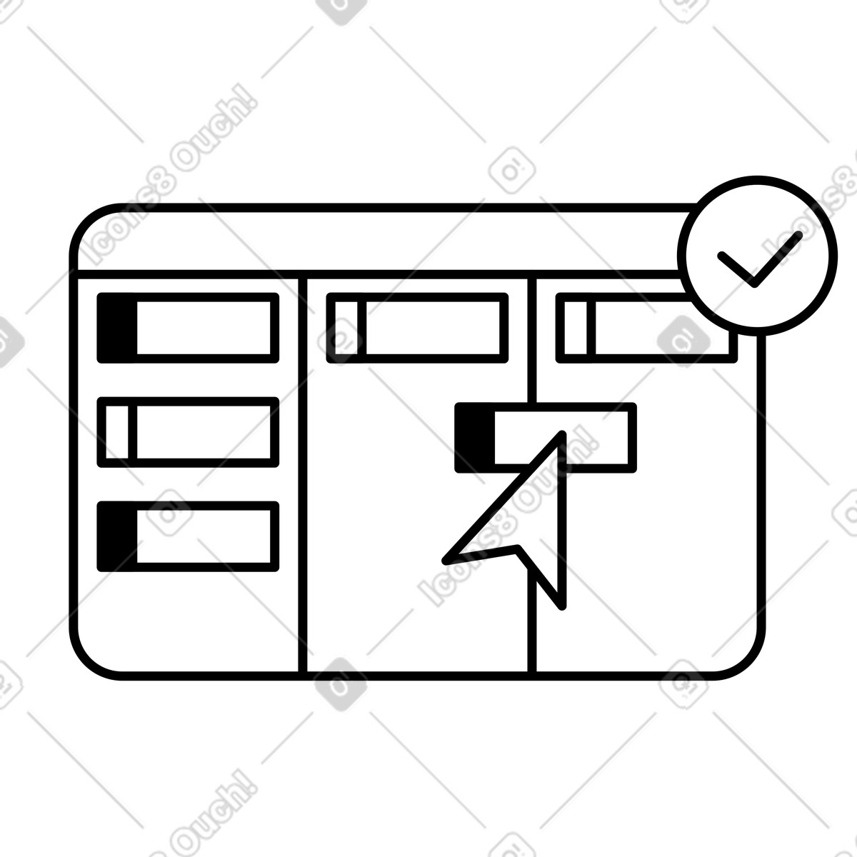 Illustration Kanban board workflow on computer screen with cursor and checkmark dans le style Notion Line Art à télécharger aux formats PNG, SVG
