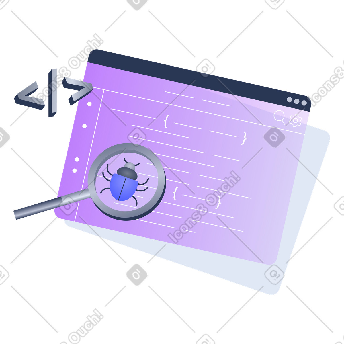 Code Debugging and Bug Detection, Software Debugging Process, Bug Identification in Source Code illustration in PNG, SVG