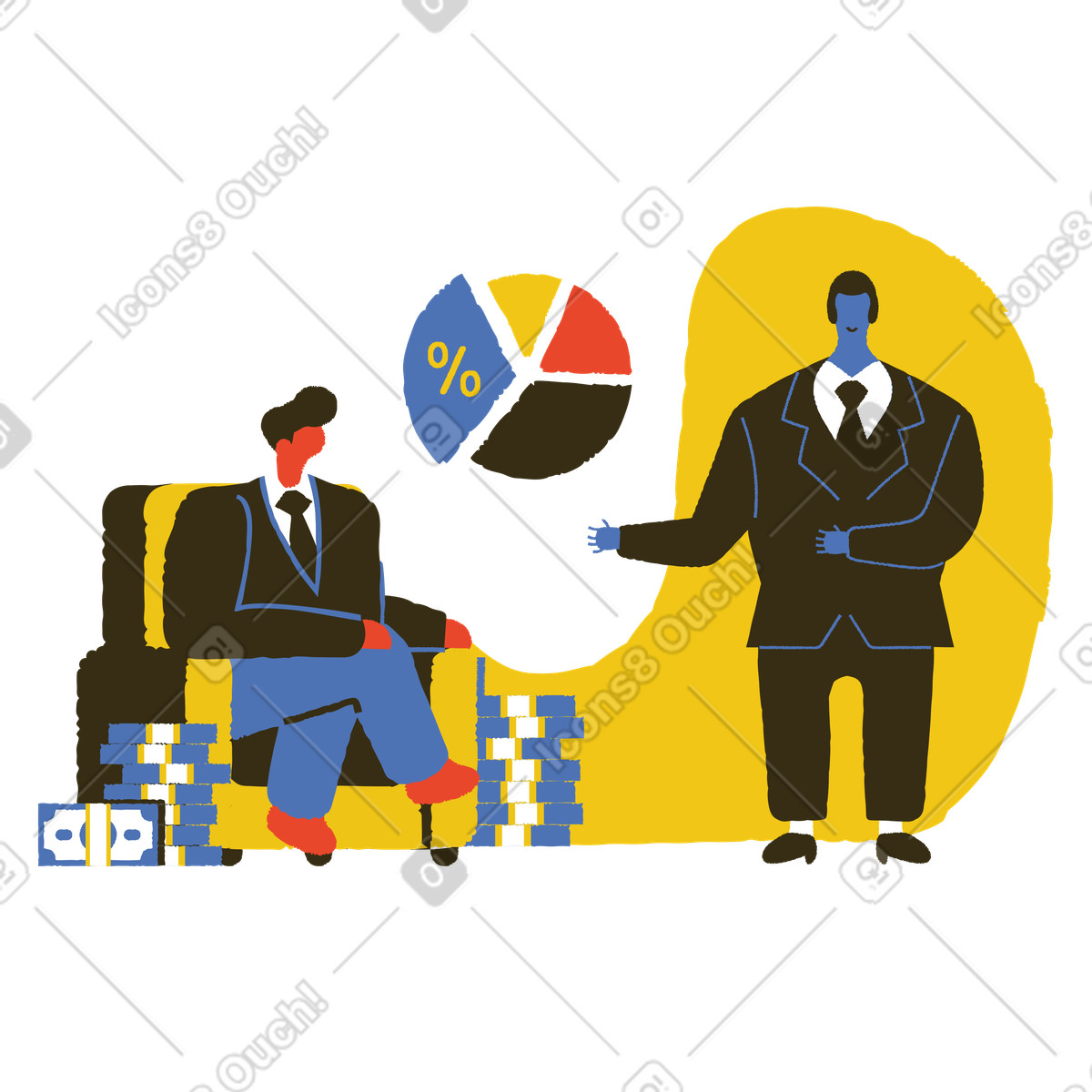 Geschäftsmann präsentiert seinem chef finanzanalysen-Illustration im Bermuda-Stil als Download in PNG, SVG