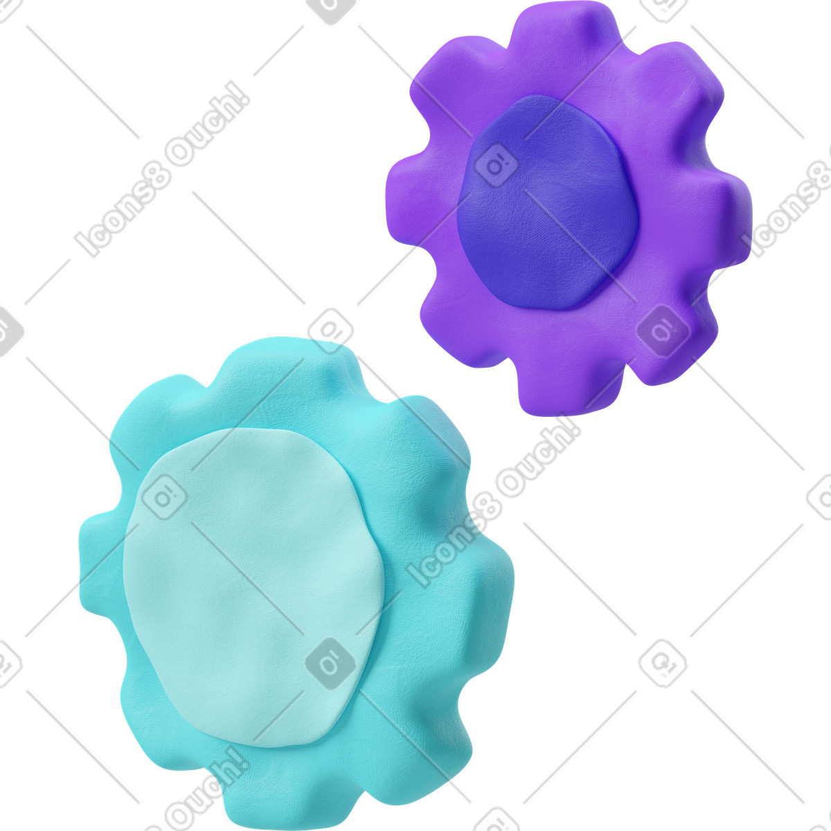 Illustration Vue de trois quarts des engrenages bleus et violets dans le style 3D Plastilina à télécharger aux formats PNG, SVG