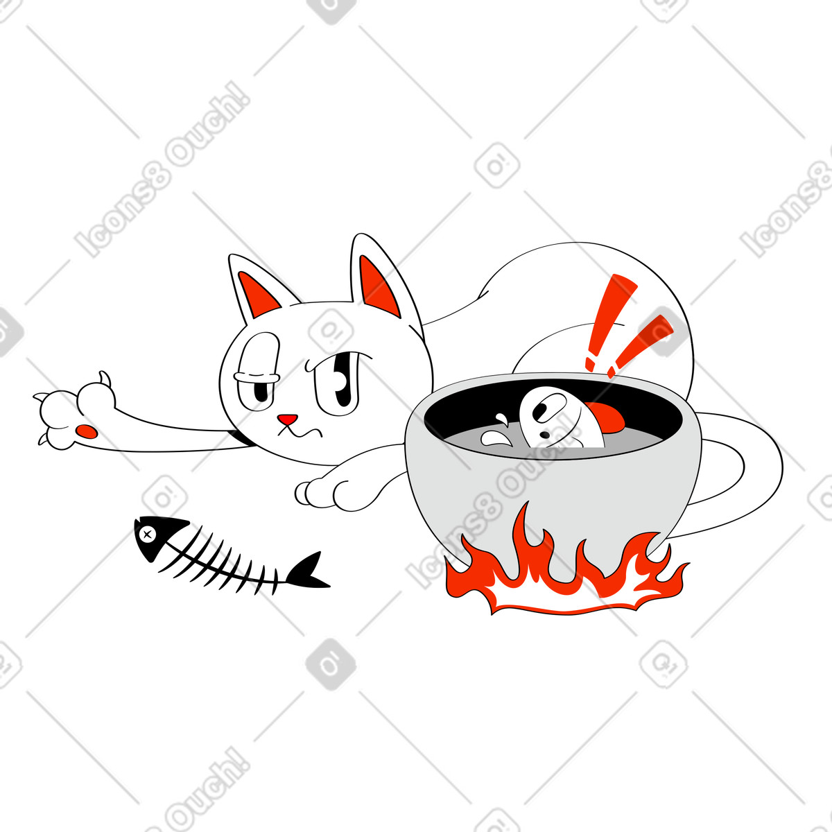 Looney スタイルの 大釜で魚を調理する猫 のイラストをPNG、SVG形式でダウンロード