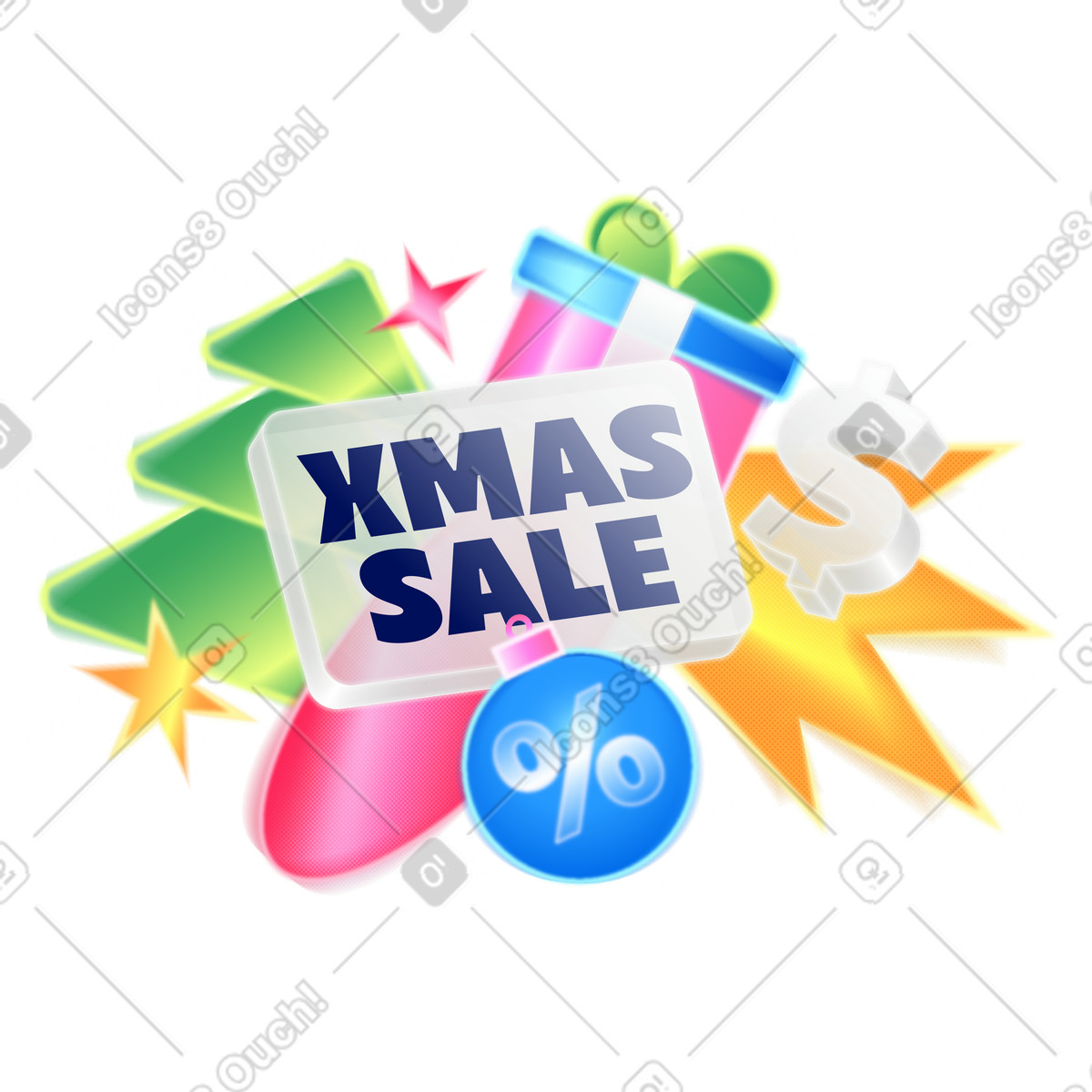 Lettering Xmas Sale with fir and gift illustration in Burst style download in PNG, SVG