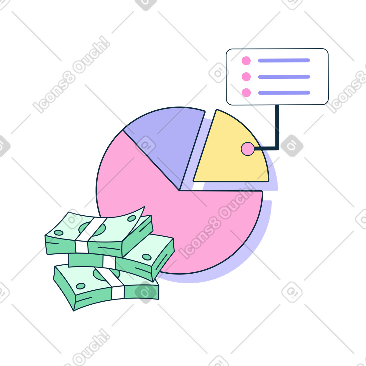Pie chart with text and stacks of money illustration in PNG, SVG