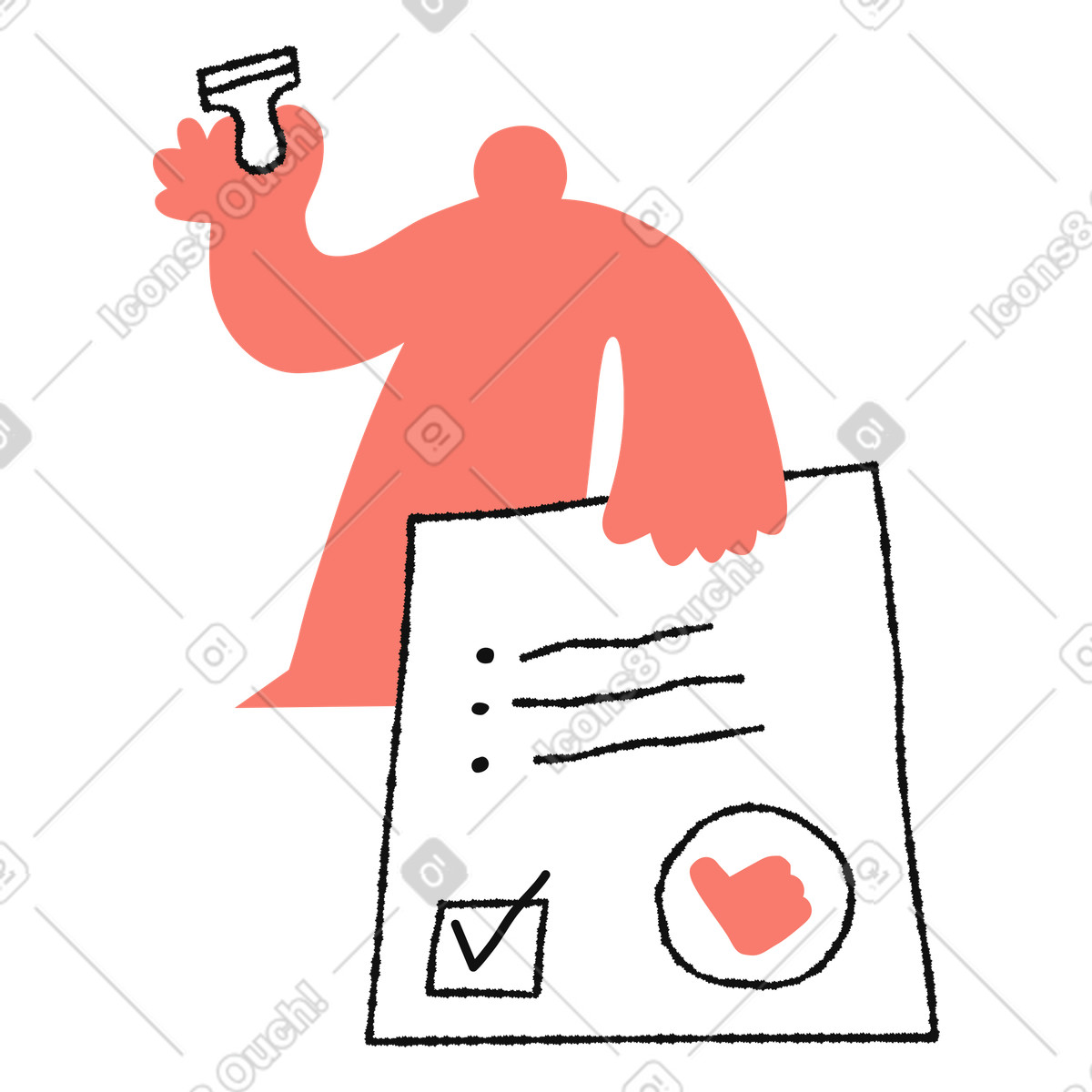 Checklist approval stamp character holding document with tick mark illustrazione in stile scarica in PNG, SVG