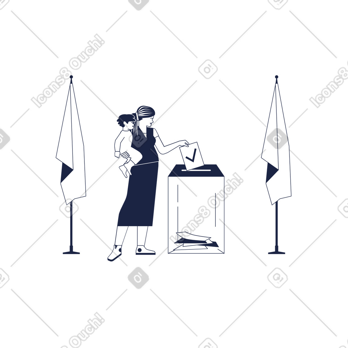 Mutter mit baby im arm wählt in einem wahllokal-Illustration Urban Line-Stil als Download PNG, SVG