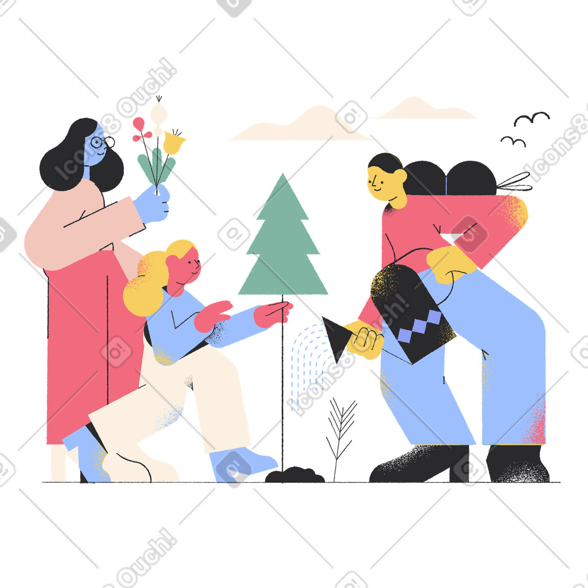 Familie kümmert sich um einen garten-Illustration im Pablo-Stil als Download in PNG, SVG