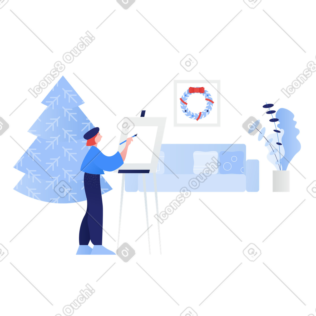 Woman creating a festive artwork illustration clipart beside a holiday tree in PNG SVG