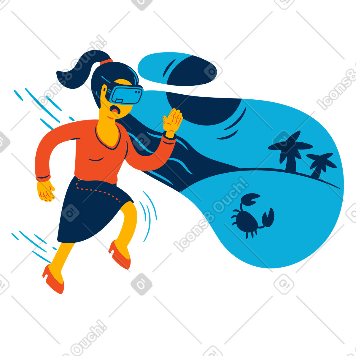 Frau läuft am strand in vr-Illustration im Flame-Stil als Download PNG, SVG