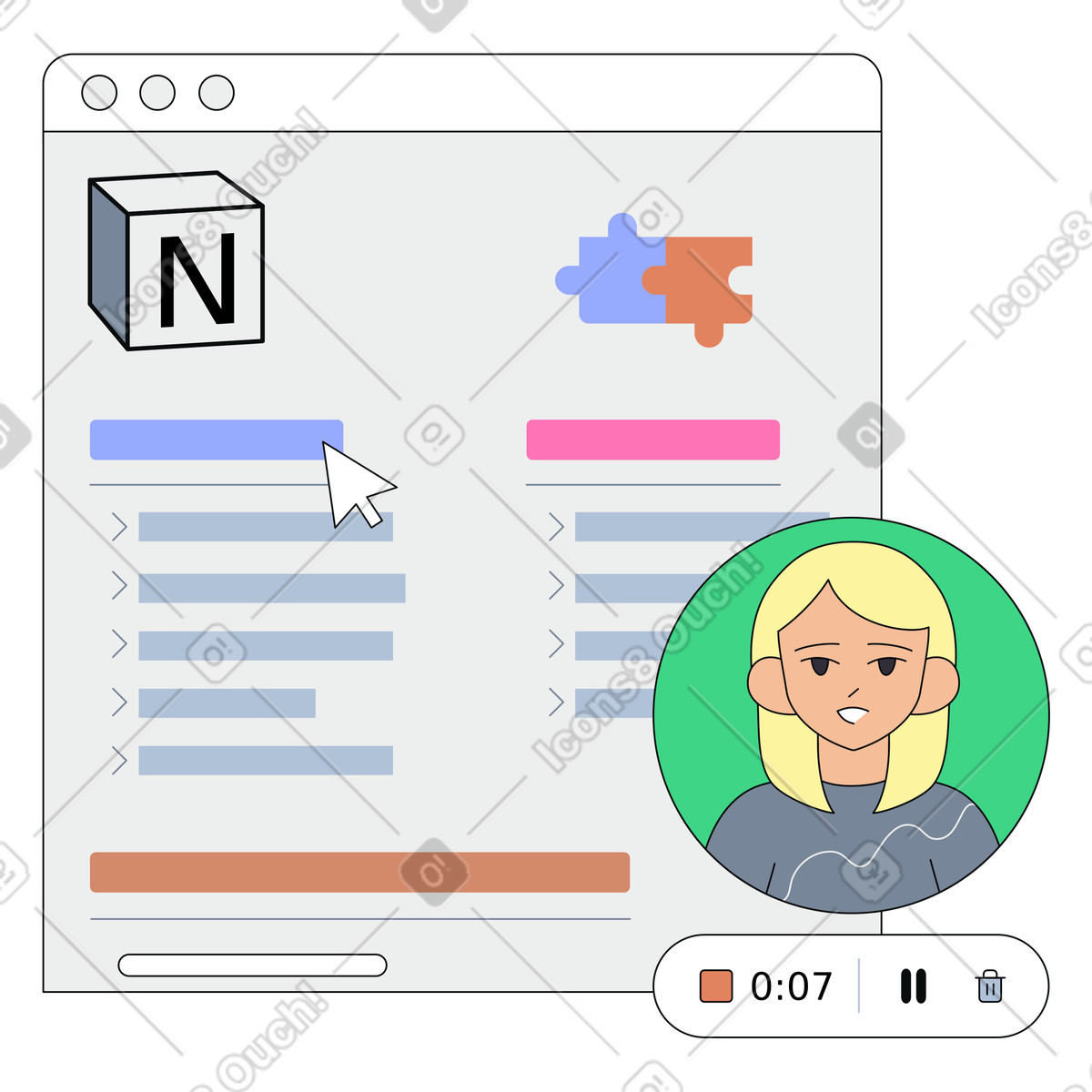 Live tutorial recording in documentation tool, Using Loom and Notion to organize work and documents illustration in Teko style download in PNG, SVG
