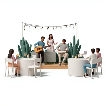 A live band with three musicians is performing on a small outdoor stage, surrounded by lush greenery and string lights hanging above. The first musician, a man with a guitar, is wearing a blue shirt and black jeans, strumming gently. The second musician, a woman with long brown hair, is singing into a microphone, dressed in a floral dress. The third musician, a man playing a keyboard, is wearing a grey sweater and khaki pants, focused on his instrument. Guests are seated at round tables adorned with white tablecloths and candles, enjoying the soft music while chatting and smiling, creating a warm and festive atmosphere.