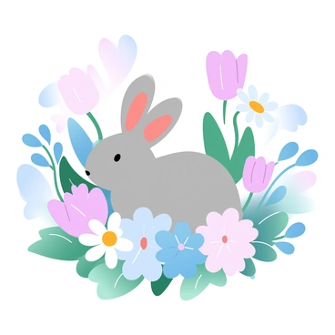A rabbit is nestled among an array of colorful spring flowers in a vibrant garden. The rabbit has soft fur and is positioned comfortably among tulips, daisies, and pansies. The flowers display various pastel colors, creating a harmonious blend of shades. Green leaves surround the flowers, adding a natural backdrop. The scene is filled with a sense of warmth and liveliness, evoking the essence of springtime.