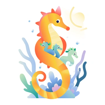 A father seahorse with a slender, curved body is in the center of the image. He has vibrant orange and yellow hues on his scales, which shimmer in the water. From his pouch, several small baby seahorses in varying shades of light blue and green are emerging, their tiny fins fluttering as they swim upward. The background is filled with soft coral formations in pastel colors, and gentle bubbles rise to the surface, enhancing the underwater scene. Sunlight filters through the water, creating a serene atmosphere around the father seahorse and his young.