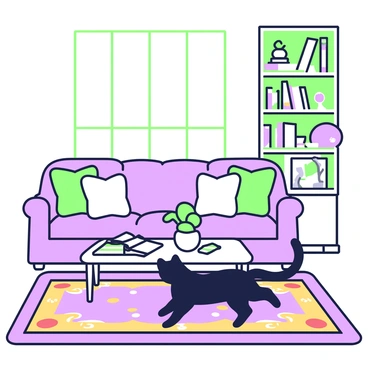 A black cat is playfully rolling on a luxurious Persian rug. The rug features intricate patterns, with hints of gold and deep red elements. The living room is elegantly furnished, showcasing a large sofa with plush cushions and a coffee table in front of it. On the coffee table, there are a few magazines scattered and a small potted plant. In the background, a tall bookshelf filled with books and decorative items is visible. Soft light filters in through large windows, illuminating the scene.