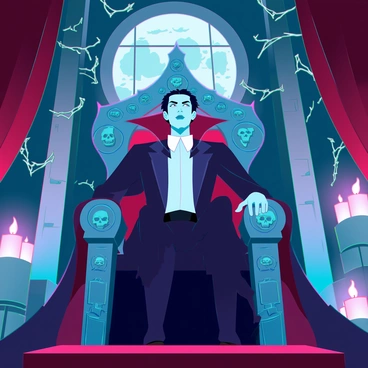 Count Dracula, with pale skin and sharp fangs, is seated on an elaborate gothic throne adorned with intricate carvings of bats and skulls. He wears a long, flowing black cape and a crisp white shirt, the collar turned up dramatically. The dimly lit castle hall is filled with flickering candlelight, casting eerie shadows on the stone walls. Rich, dark red velvet curtains drape the windows, and cobwebs hang from the corners, adding to the ominous atmosphere. A full moon can be seen through the tall, arched window, illuminating his piercing eyes as he gazes thoughtfully into the distance.