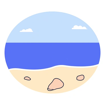 A wide view of an ocean scene featuring soft waves lapping gently against a sandy shore. The water is a deep blue shade, and the waves have white frothy edges. In the foreground, there are smooth, light-colored stones scattered along the beach. The sky above is clear with a few small white clouds. The horizon line is visible, where the ocean meets the sky.