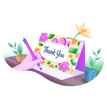 A hand holding a pink pen is writing on a colorful card that features a pattern of vibrant flowers and geometric shapes. The card is opened and resting on a wooden table. The words "Thank You" are clearly visible in elegant, cursive writing. Beside the card, there is a small potted plant with green leaves and a bright yellow flower.