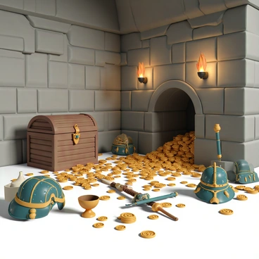 A treasure room with high stone walls and a vaulted ceiling. The floor is covered with piles of gold coins, sparkling in the light. There are various artifacts scattered throughout, including intricately designed helmets, ornate goblets, and ancient, jeweled weapons. In one corner, there is a large wooden chest overflowing with more gold and precious gems. Torches mounted on the walls cast flickering shadows, highlighting the treasures and creating a sense of depth in the room.