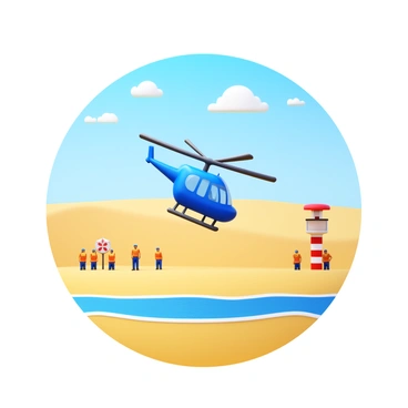 A helicopter landing on a sandy beach with its rotor blades spinning. The beach is sunlit with fine, golden sand and gentle waves lapping at the shore. Nearby, a group of rescuers in bright orange vests stands ready, looking towards the helicopter. A lifeguard tower is visible in the background, adding to the beach setting. The sky is clear with a few fluffy clouds scattered above. The scene conveys urgency and action as the helicopter approaches.