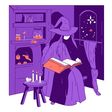 A purple witch with long flowing hair is sitting on a wooden chair, deeply engrossed in an open orange ancient spellbook resting on her lap. The room is filled with shelves of various magical artifacts and jars containing mysterious ingredients. Flickering white candles are placed on a small table beside her, casting a warm glow around the space. The walls are adorned with dark tapestries, and a small window reveals the night sky outside, adding to the cozy atmosphere.