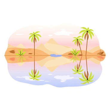 A calm desert lake reflecting "date palm trees" on its surface. The scene depicts the "palm trees" with their tall trunks and lush green fronds, creating symmetrical reflections in the water. The dawn sky is painted with soft pastel colors, including "pinks" and "oranges" that subtly illuminate the landscape. Gentle ripples create delicate distortions in the reflections, enhancing the tranquil atmosphere of the setting. The surrounding desert landscape features sandy terrain with scattered rocks and sparse vegetation, complementing the serene scene.