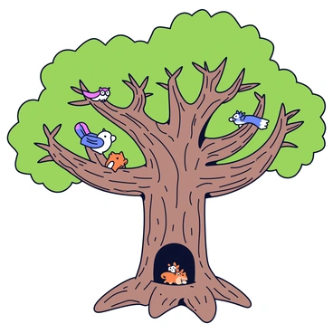 An ancient tree with a wide, gnarled trunk and sprawling branches reaching outward. The bark is rough and textured, showcasing shades of brown and gray. The roots of the tree bulge out from the ground, creating small nooks and crannies. Various woodland creatures are nestled within the branches and around the roots. A small owl perches on a sturdy branch, while a family of squirrels scampers among the leaves. A rabbit peeks out from behind a root, and colorful birds flit in and out of the foliage, all beneath the lush green canopy.